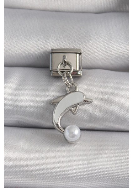 316L Çelik Gümüş Renk Sallantı Yunus Balığı Figür Inci Detay Nomination Charm - TJ-BC1141