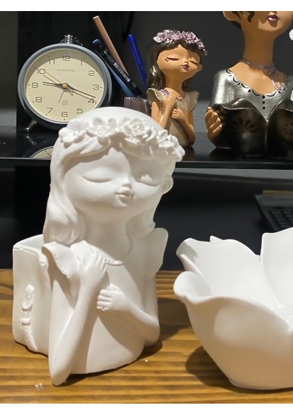 Boyanabilir Obje Çiçekli Kız Saksı Kalemlik Yükseklik:15 cm