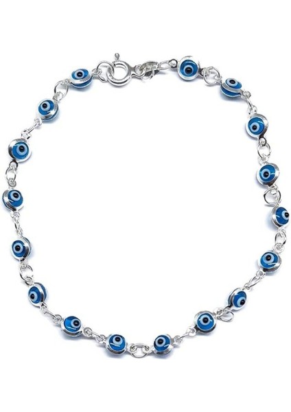 4 mm Cam Nazar Boncuğu Göz Bileklik 925 Ayar Gümüş Bileklik