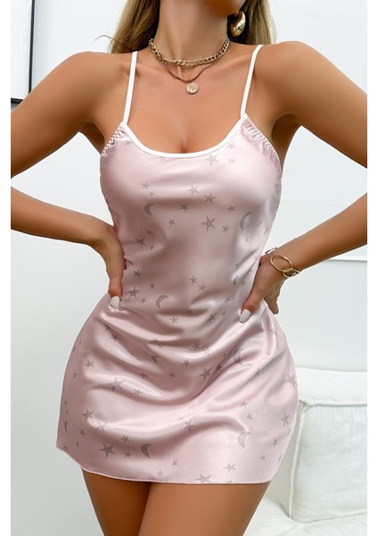 Mulvxbrf BRF02 Sırt Dekolteli Gökyüzü Desenli Pembe Saten Gecelik (Mulvix)