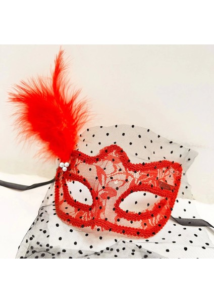 Kırmızı Renk Dantelli Duvaklı Parti Maskesi Balo