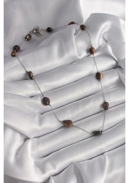 316L Çelik Gümüş Renk Zincir Kahverengi Doğaltaş Model Kadın Kolye - TJ-BKO9662 fiyatları