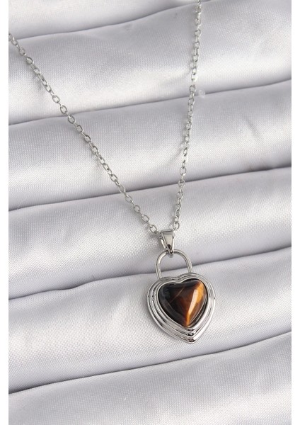 316L Çelik Gümüş Renk Zincir Kilit Kalp Kehribar Boncuk Model Kadın Kolye - TJ-BKO9495