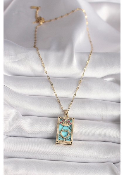 316L Gold Renk Pembe Zirkon Taşlı Taç Kalp Portre Model Kadın Kolye - TJ-BKO9670