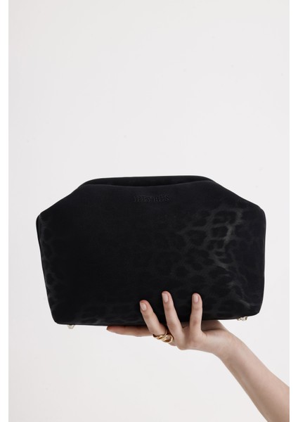 Kadın Siyah Leopar Desenli Deri Clutch El Çantası