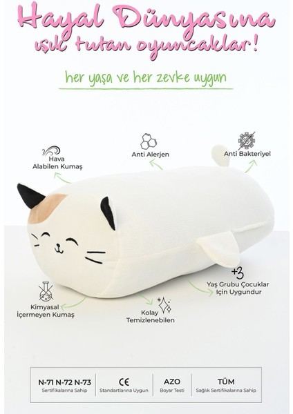Luxury Kedi Figürlü Peluş Oyuncak Yastık Yumuşak ve Sevimli 40 cm Rulo Beyaz Peluş Oyuncak 1 Adet modelleri