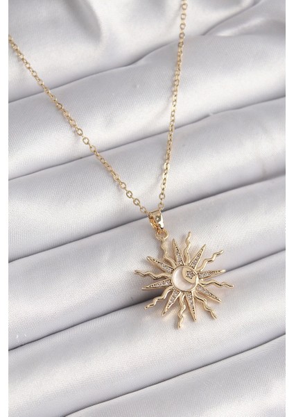 316L Çelik Gold Renk Zincir Renkli Zirkon Taşlı Sedefli Ay Işleme Detay Kadın Kolye - TJ-BKO9630