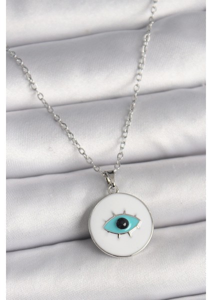 316L Çelik Gümüş Renk Zincir Beyaz Mineli Turkuaz Göz Işleme Model Kadın Kolye - TJ-BKO9729