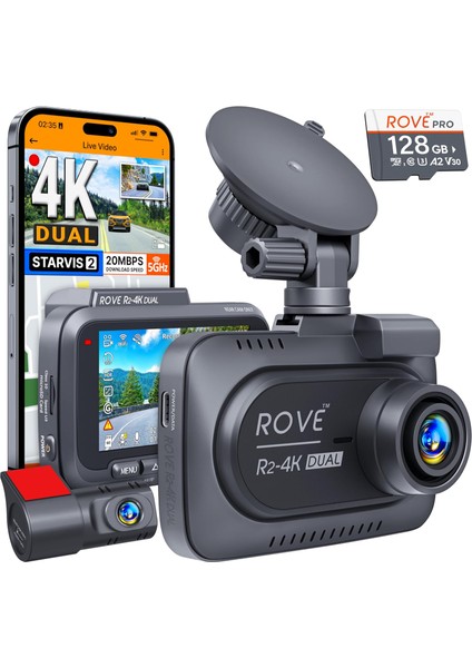 R2-4k Dual Ön ve Arka Dash Kamerası, Starvıs 2 Sensörü, Ücretsiz 128 GB Kart Dahil, 5g Wifi Arabalar Için 4K 2160P/FHD Dash Kamerası, 3" Ips, 24 Saat Park Modu