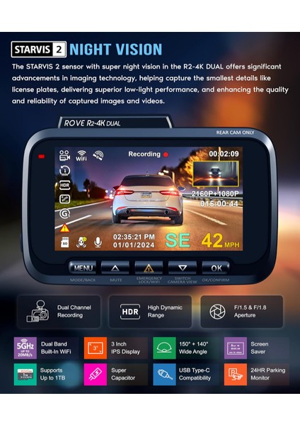 R2-4k Dual Ön ve Arka Dash Kamerası, Starvıs 2 Sensörü, Ücretsiz 128 GB Kart Dahil, 5g Wifi Arabalar Için 4K 2160P/FHD Dash Kamerası, 3" Ips, 24 Saat Park Modu