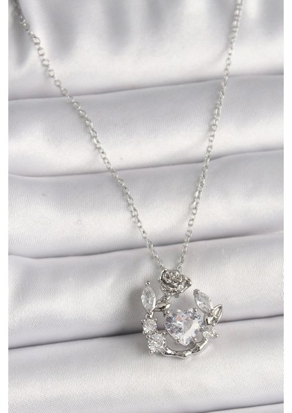 316L Çelik Gümüş Renk Zincir Zirkon Taşlı Kalp Figür Gül Detay Kadın Kolye - TJ-BKO9809