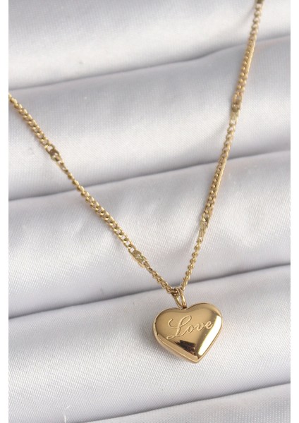 316L Çelik Gold Renk Zincir Love Işlemeli Kalp Figür Kadın Kolye - TJ-BKO9778