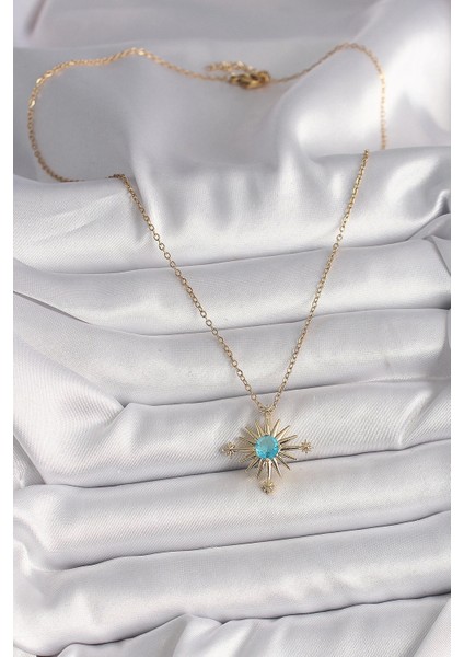 316L Çelik Gold Renk Zincir Mavi Taş Detaylı Kuzey Yıldız Model Kadın Kolye - TJ-BKO9806 fiyatları