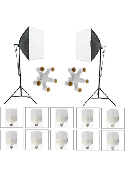 5 Duylu Softbox (2 Adet) + 2 M Işık Ayağı +10 Adet 20 Watt LED Lamba (Toplam 18000 Lümen)