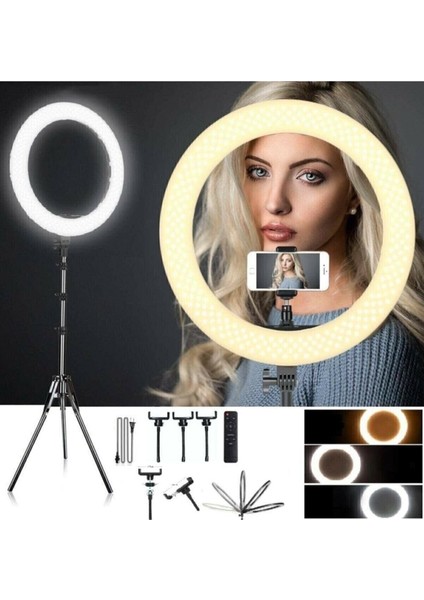 Ring Light-21 LED Rl-21 Inç 220V Girişli 3 Adet Telefon Tutacaklı Uzaktan Kumandalı Selfi Işığı