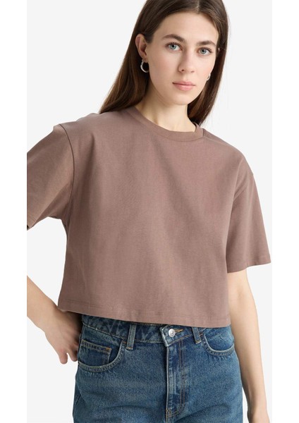 Boxy Fit Bisiklet Yaka Basic Düz Penye Kısa Kollu Tişört C7459AX25SM