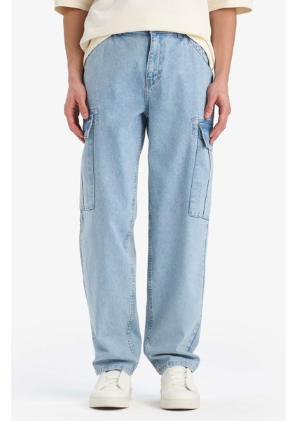%100 Pamuk Relax Fit Rahat Kesim Düz Paça Kargo Cepli Jean Yıkamalı Pantolon F2381AX25SP