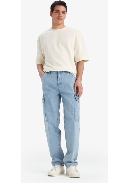 %100 Pamuk Relax Fit Rahat Kesim Düz Paça Kargo Cepli Jean Yıkamalı Pantolon F2381AX25SP fiyatları