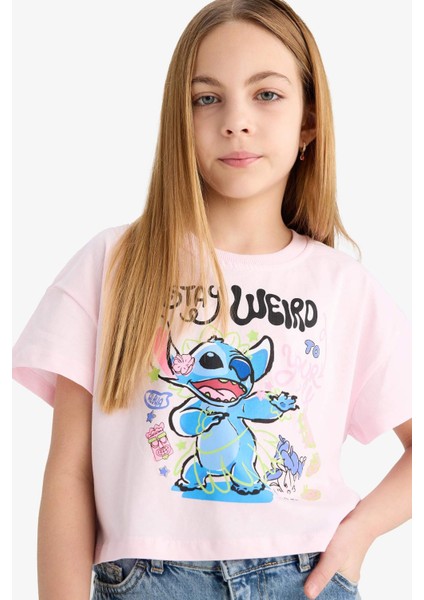 Kız Çocuk Disney Lilo & Stitch Bisiklet Yaka Kısa Kollu Tişört E6507A825HS