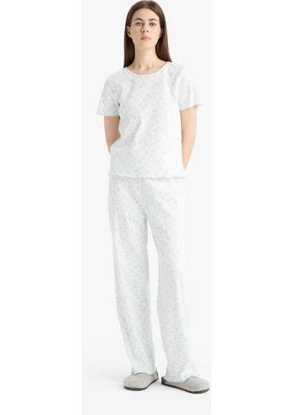 Pijama Takımı Ribana Kısa Kollu Pijama Üstü Esnek Belli Uzun Pijama Altı-Fall in Love E6679AX25SP