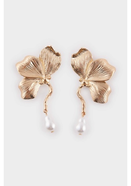Kadın Çiçek Motifli İncili Gold Küpe E8037AXNS