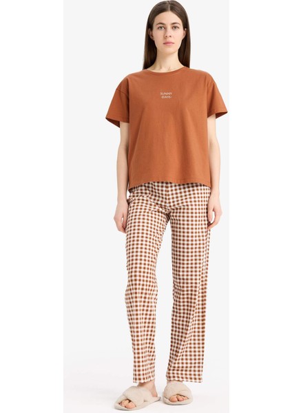 Pijama Takımı Kısa Kollu Pijama Üstü Esnek Belli Uzun Kareli Pijama Altı-Fall in Love E4830AX25SP