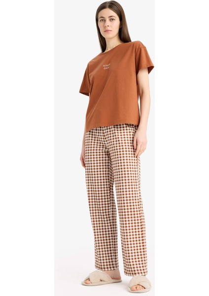 Pijama Takımı Kısa Kollu Pijama Üstü Esnek Belli Uzun Kareli Pijama Altı-Fall in Love E4830AX25SP