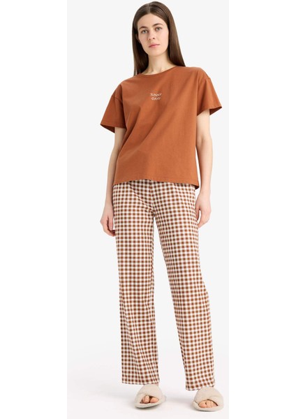 Pijama Takımı Kısa Kollu Pijama Üstü Esnek Belli Uzun Kareli Pijama Altı-Fall in Love E4830AX25SP