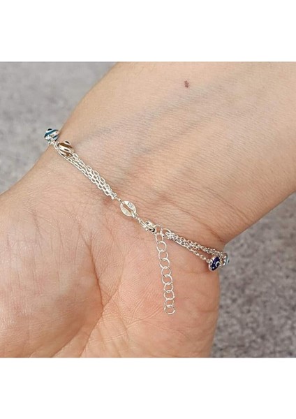 4 mm Cam Nazar Boncuğu 3 Zincirli Göz Bileklik 925 Ayar Gümüş Bileklik fırsatları
