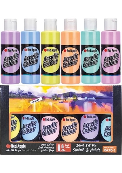 6 x 70 ml Akrilik Boya Pastel Renkler Set 6 Pastel Renk Akrilik Boya Seti