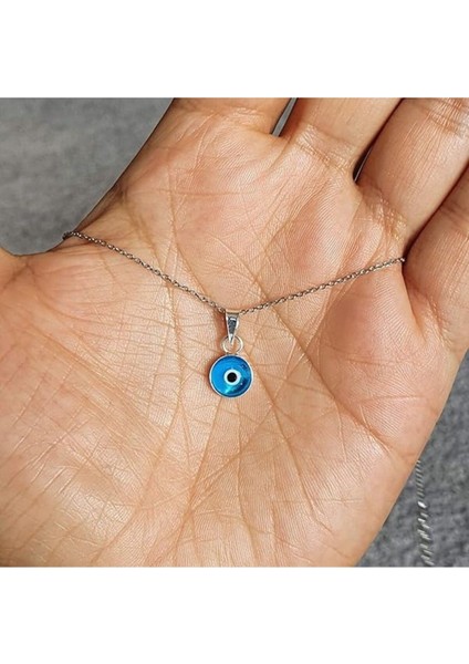 Şeffaf Açık Mavi Renk 8 mm Cam Nazar Boncuğu 925 Ayar Gümüş Kolye fırsatları