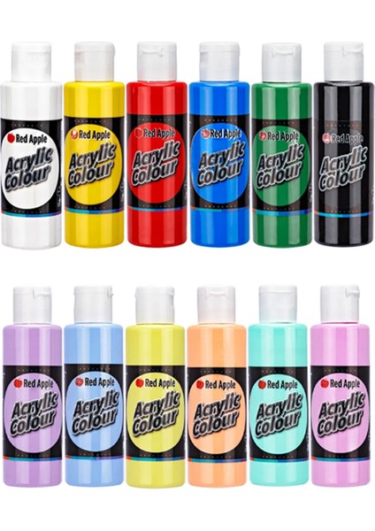 12 x 70 ml Akrilik Boya 6 Ana Renk + 6 Pastel Renkler Set 12 Renk Akrilik Boya Seti