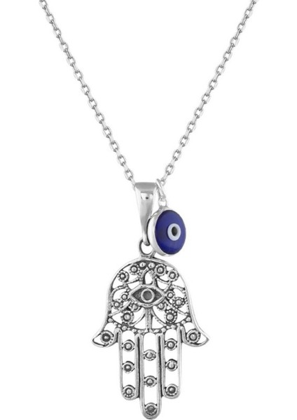 Cam Nazar Boncuklu Fatma Ana Eli (Hamsa) 925 Ayar Gümüş Kolye