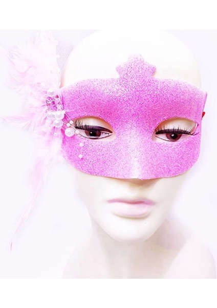 Sim Işlemeli Inci Boncuk Detaylı Tüylü Balo Maskesi Pembe Renk 13X18 cm (4887)