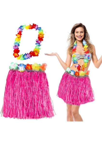 Hawaii Luau Aloha Pembe Püsküllü 40 cm Etek ve Hawaii Kolye Seti (4887)