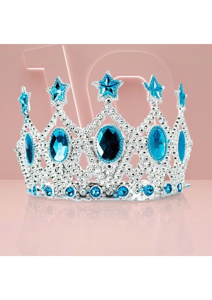 Çocuk Kraliçe Tacı - Mavi Yıldız Işlemeli Prenses Tacı 15 x 7 cm (4887)
