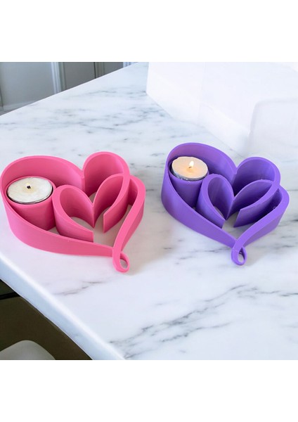 Kalp Şekilli 3D Baskı Çiftli Dekoratif Mumluk Seti – Pembe & Mor Renkli (Mum Hediyeli)
