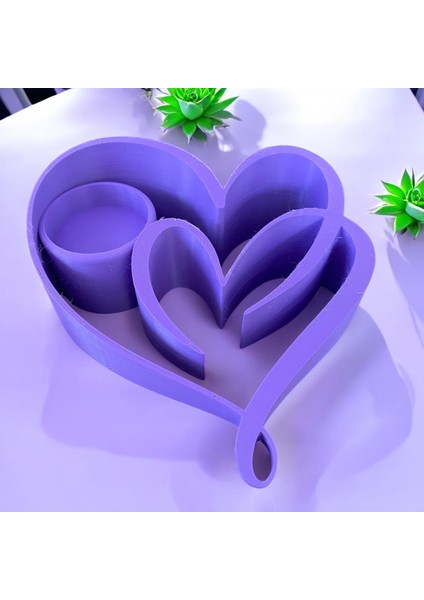 Kalp Şekilli 3D Baskı Çiftli Dekoratif Mumluk Seti – Pembe & Mor Renkli (Mum Hediyeli)