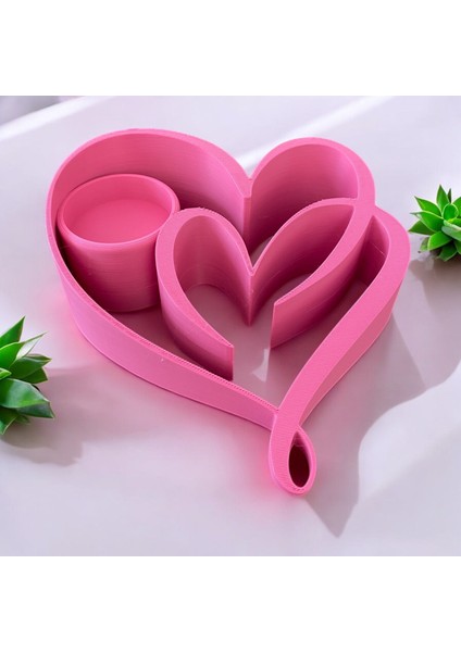 Kalp Şekilli 3D Baskı Çiftli Dekoratif Mumluk Seti – Pembe & Mor Renkli (Mum Hediyeli)