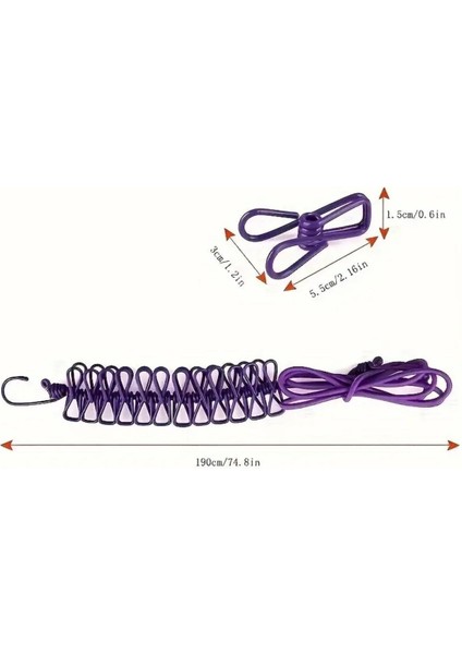 Buffer® Taşınabilir Seyahat Çamaşır Ipi 12 Mandallı Klipsli Lastikli Çamaşır Mandalları