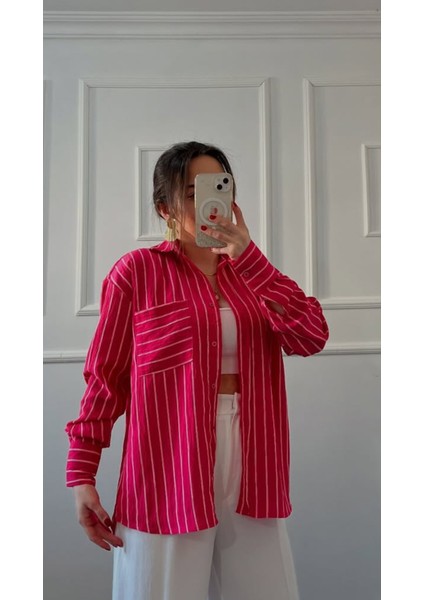 Kadın Çizgili Tek Cepli Oversize Kalıp Üst Düzey Gömlek