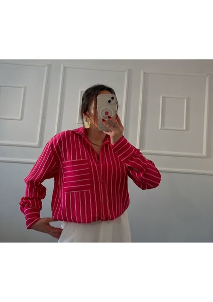 Kadın Çizgili Tek Cepli Oversize Kalıp Üst Düzey Gömlek fiyatları