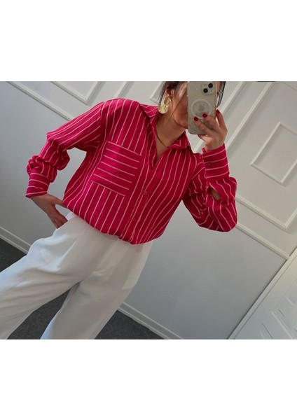 Kadın Çizgili Tek Cepli Oversize Kalıp Üst Düzey Gömlek modelleri