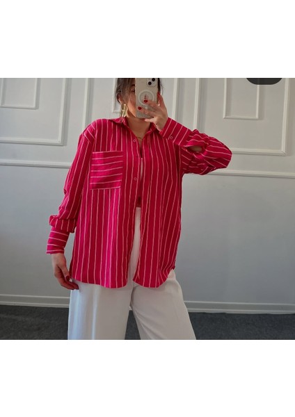 Kadın Çizgili Tek Cepli Oversize Kalıp Üst Düzey Gömlek fırsatları