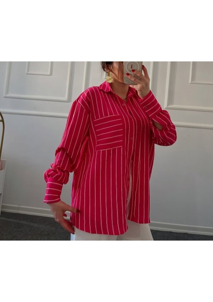 Kadın Çizgili Tek Cepli Oversize Kalıp Üst Düzey Gömlek indirimleri