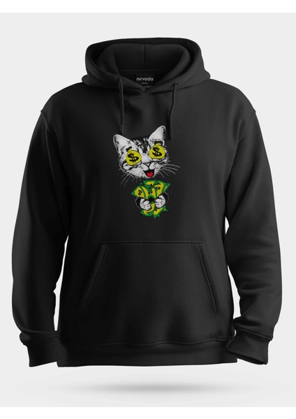 Zengin Sevimli Kedi Baskılı Unisex Kapüşonlu Sweatshirt