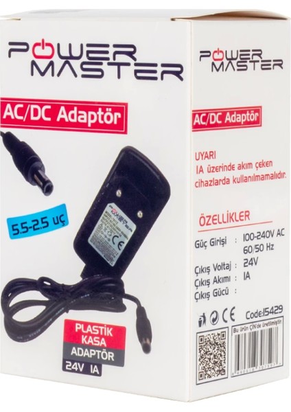 24 Volt - 1 Amper 5.5*2.5 Uçlu Priz Tipi Plastik Kasa Adaptör (4887)