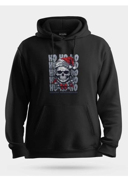 Yılbaşı Şapkalı Kuru Kafa Baskılı Unisex Kapüşonlu Sweatshirt