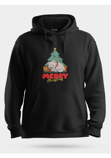 Yılbaşı Ağacı ve Köpek Baskılı Unisex Kapüşonlu Sweatshirt