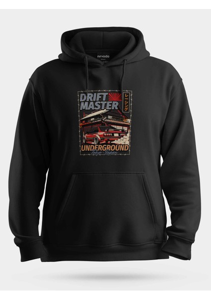 Underground Drift Japon Araba Siyah Baskılı Unisex Kapüşonlu Sweatshirt